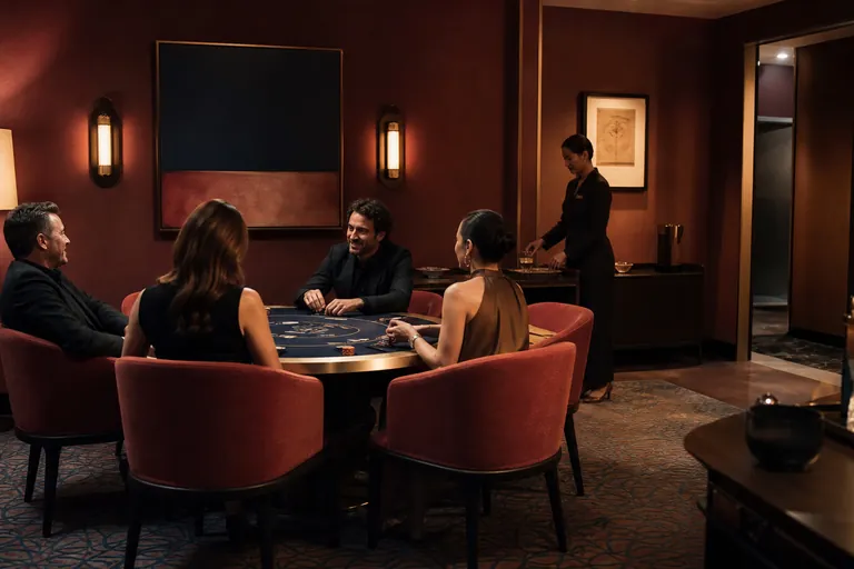 Private speelsalon met ronde tafel, koraalkleurige stoelen en persoonlijke host