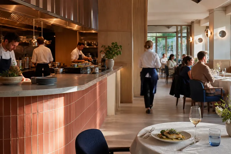 Open restaurantkeuken met koraalkleurige tegels en gedekte linnen tafels