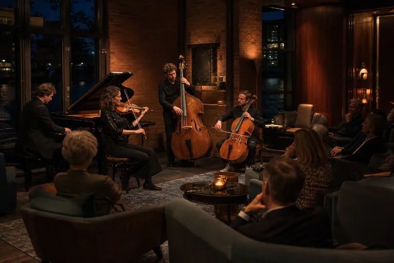 Intieme muzieksalon met akoestisch ensemble en volwassen publiek